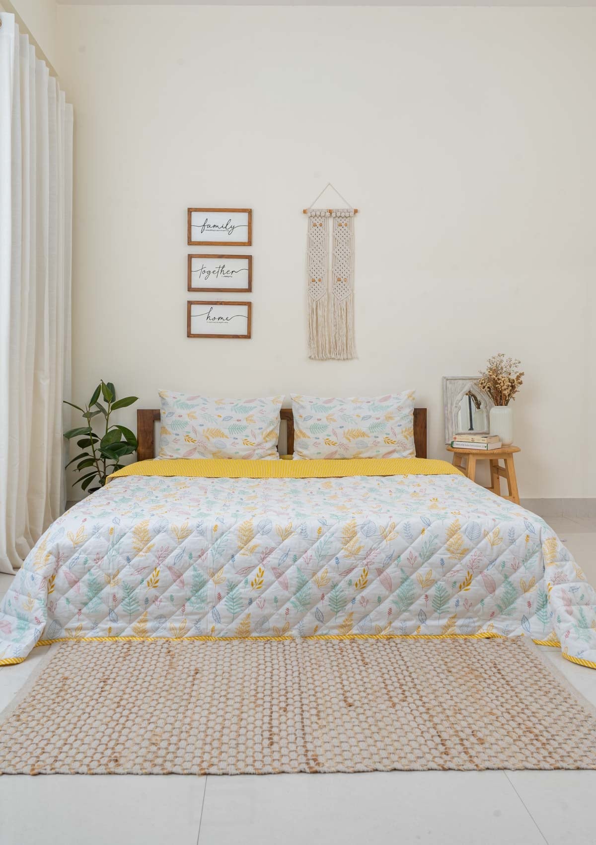 Rustling Leaves in Many Hues and Yellow Stripes Reversible Quilt 100% cotton cover with pillow covers - Multicolor